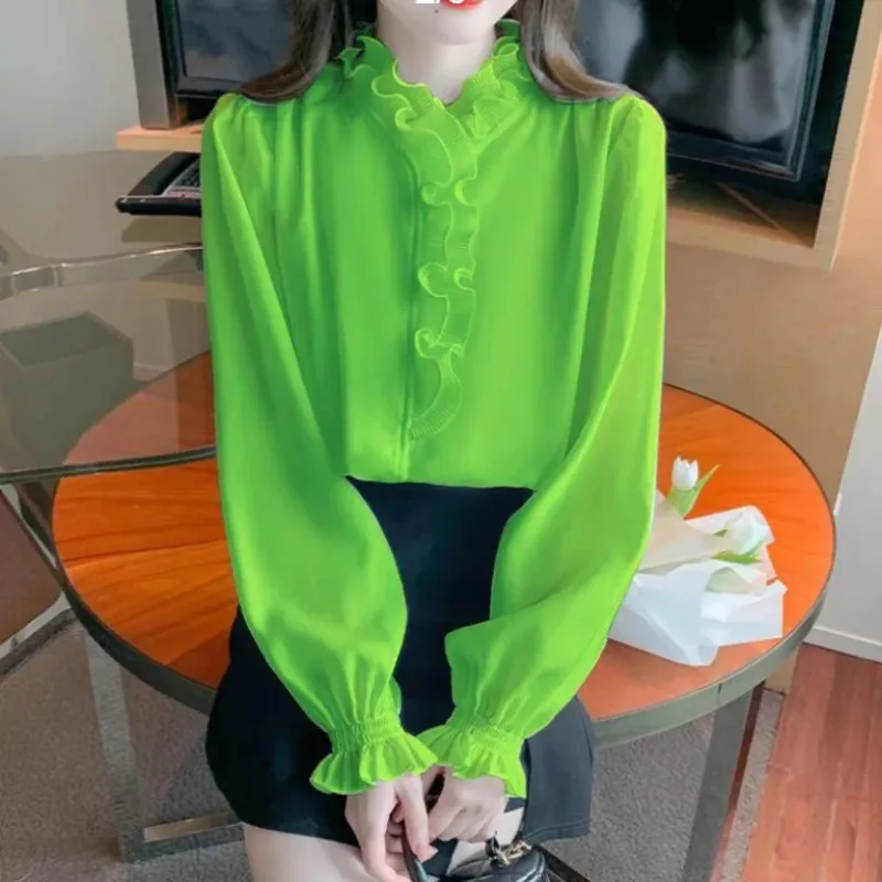 2024 spring autumn New Women\'s Solid Color Chic Slim Blouses Fashion Spliced Ruffled Neck Shirring Long sleeved Chiffon Shirts