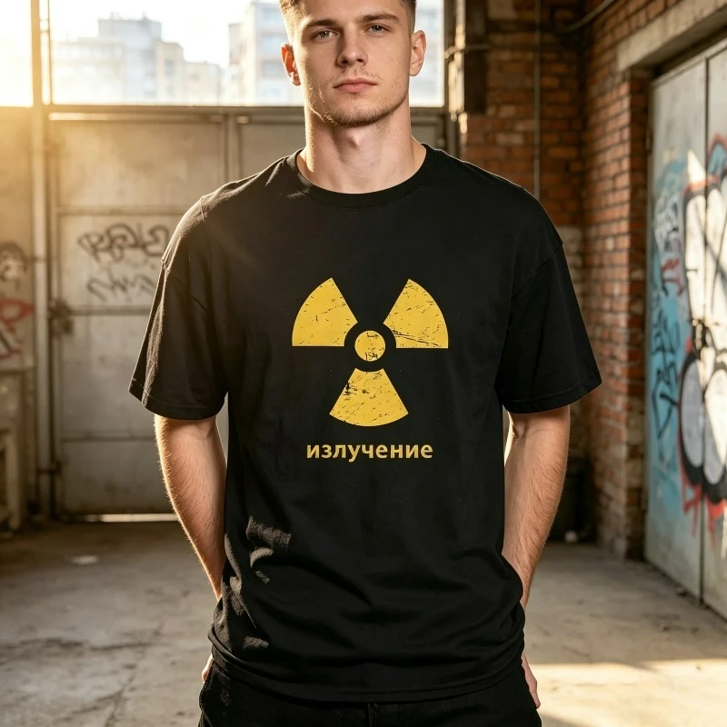излучение Radiation Symbol Print Men T-Shirt 100% Cotton Vintage Warning Graphic Tee Casual Streetwear Weekend Hangout Top