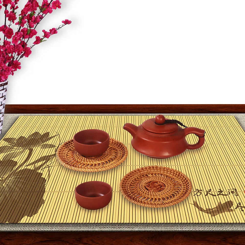 Juego de posavasos tejidos de bambú, cojín para taza de té, decoración del hogar, tapete de mesa, soporte antideslizante para bebidas de café, respetuoso con el medio ambiente