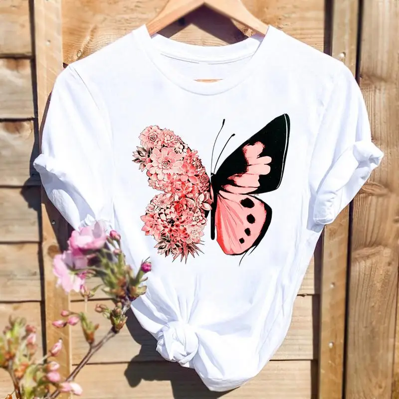 Female Tees Y2k White Women Butterfly 90s Trend Cute 2023 Fashion Graphic T-Shirt Top Cartoon Short Sleeve Summer Print T Shirt