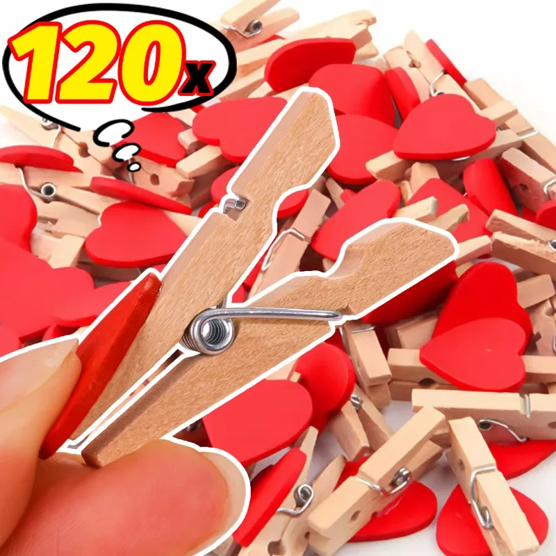 120/12pcs Mini Natural Wooden Clips Love Heart Memo Paper Diy Photo Clip Wedding Valentine's Day Party Craft Decor Clothes Pegs