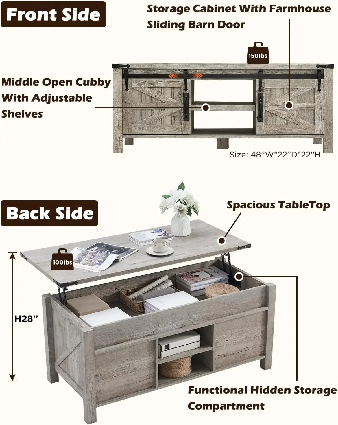 48" Farmhouse Lift Top Coffee Table with Sliding Barn Door,Rustic Center Table with Hidden Storage Compartment,Lifting Tabletop