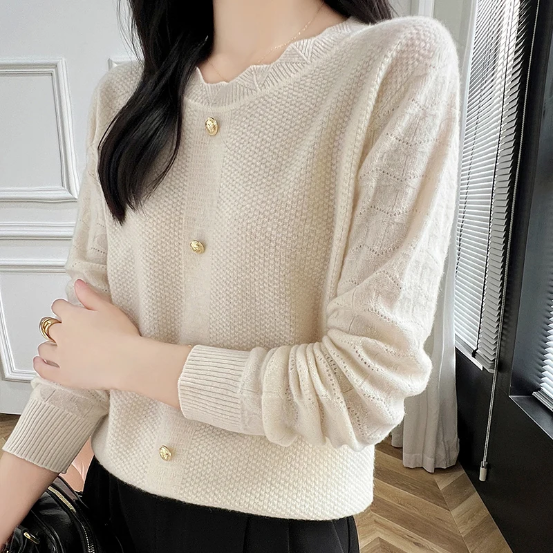 Women\'s Pullover Autumn/Winter 100% Wool Sweater Casual Solid Knit Sweater Round Neck Loose Tops Fashion Korean Hollow Blouse