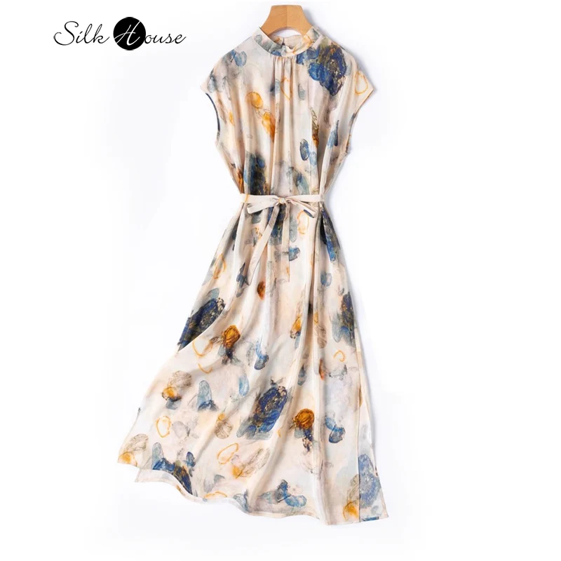 

Artistic Graffiti 100% Natural Mulberry Silk Crepe De Chine Romantic Style Women's Elegant Stand Up Collar Short Sleeve Dress