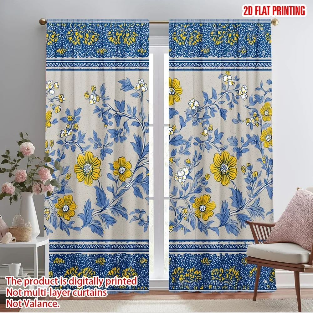 2pcs,2D plane printing Light Filtering Curtains Blue Yellow Floral Stripes Versatile Durable Polyester (without rod) Art Deco