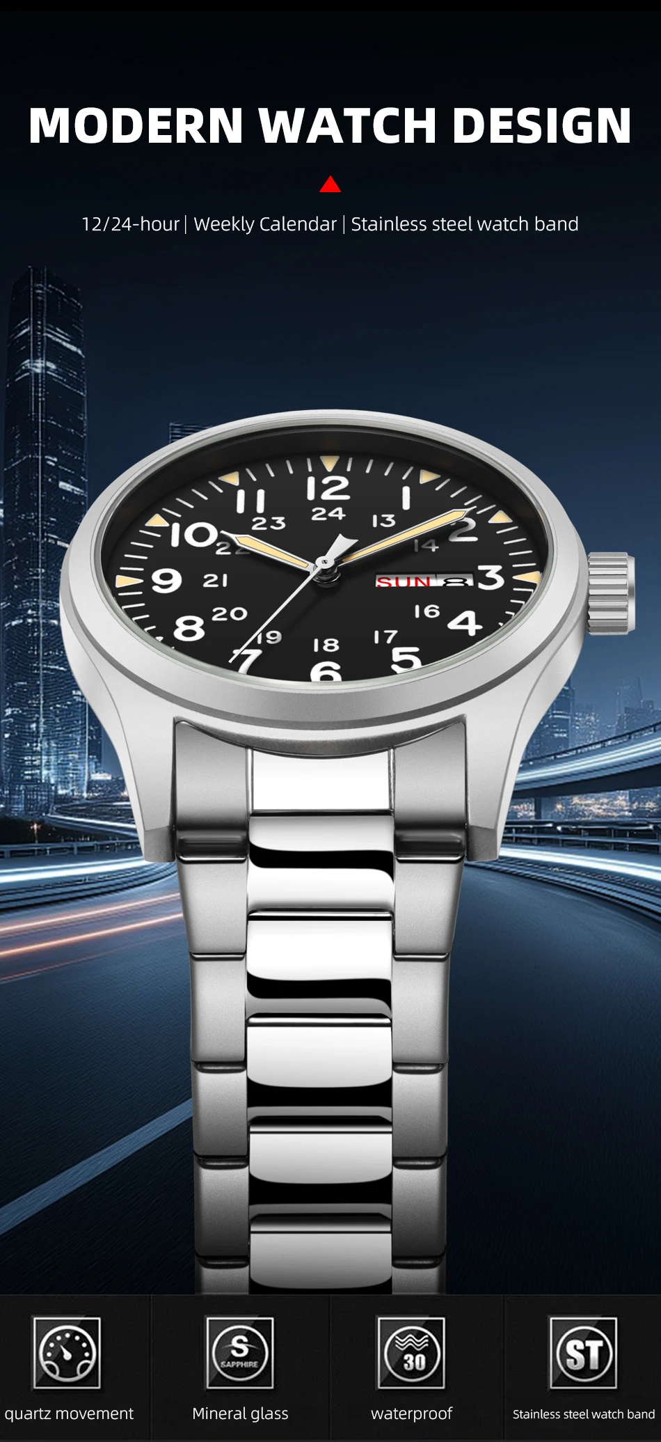 2026 Herren 38mm Leuchtende Zifferblatt-Uhr mit Tages- und Datumsanzeige, im Dunkeln leuchtend, grün, 30M wasserdicht, Felduhr mit Edelstahlarmband – Detail 1