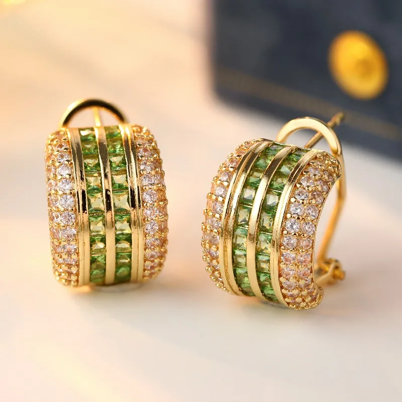 Classic Minimalist Style Women's Hoop Earrings Double Row Inlaid Green Synthetic Zircon Light Luxury Earrings Fashion Jewelry