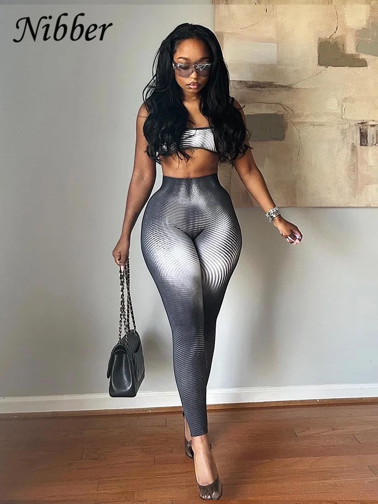 Nibber Gradient Print Sporty Two Piece Set Women Sexy Stretch Striped printed Vest+Slimming Leggings Female Matching Track Suits