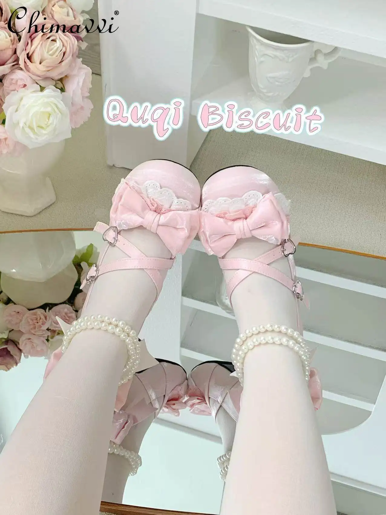 

Original Sweet Satin Lace Pearl Elegant Mary Jane Women's Shoes 2026 Spring New Cute Girls Lolita Mid-Heel Shoes Elegant Pumps