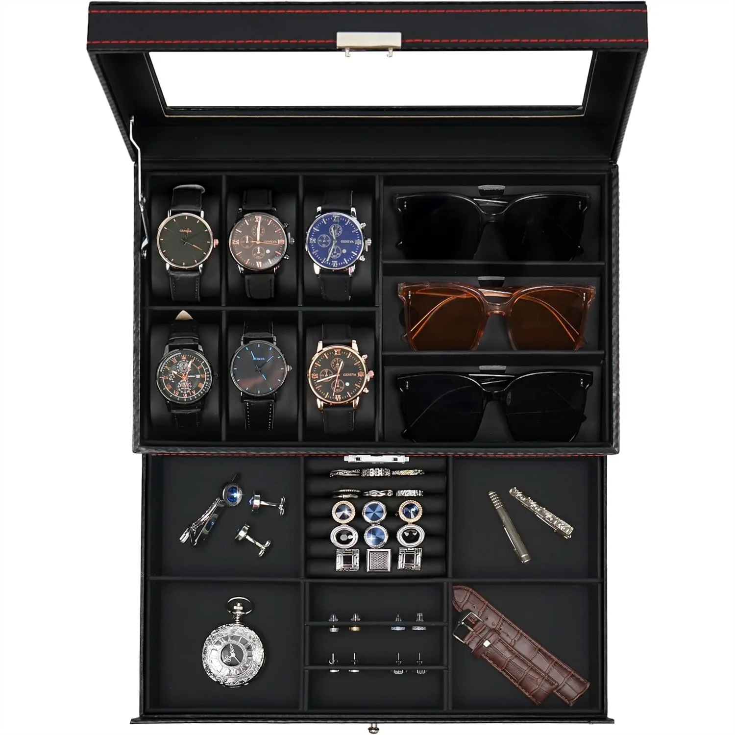 

6-Slot Watch Box with 3 Sunglass Slots, Lockable PU Leather Jewelry Organizer for Men Women