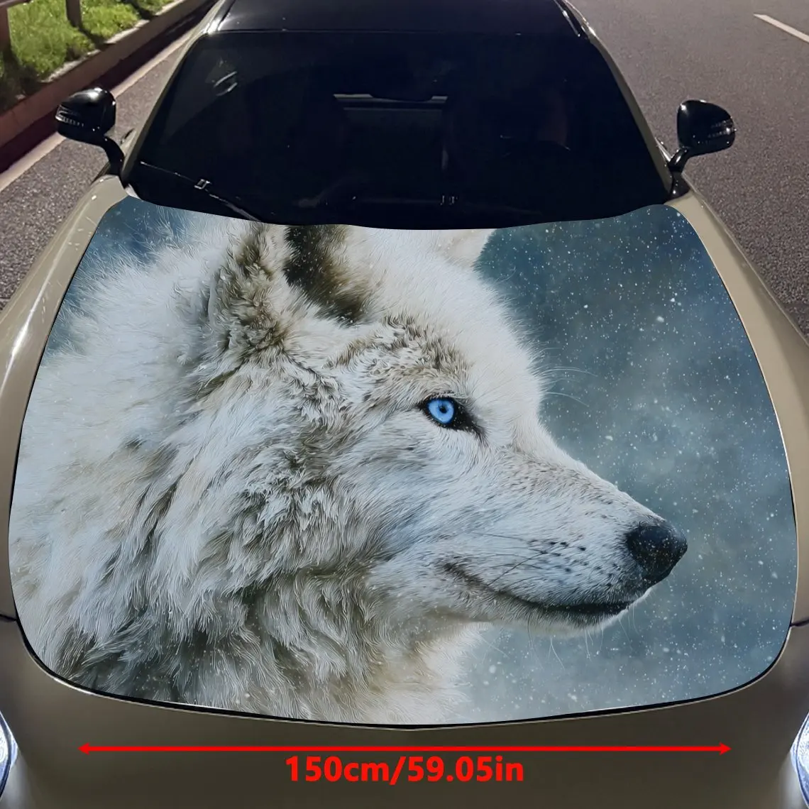Car Decals Wolf with Fluffy White Fur, a Contemplative Expression, and a Frosty - Hued Backdrop Car Hood Sticker, Waterproof Sel