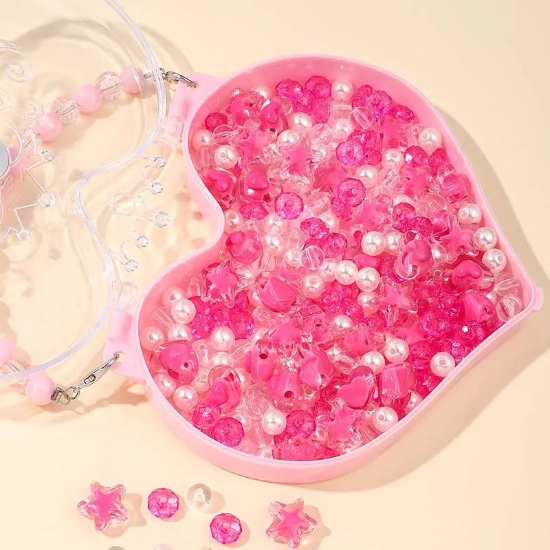 Neue rosa Mädchen handgemachte DIY Perlen Spielzeug süße herzförmige Schmuckschatulle Kinder Halskette Armband Spielzeug Set Geburtstagsgeschenke