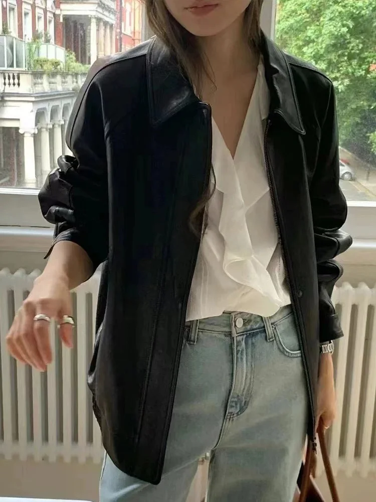Retro Vintage Biker PU Leather Jacket Women's Heavy Design Lazy Style Coat Early Spring New Model Ounce Machine