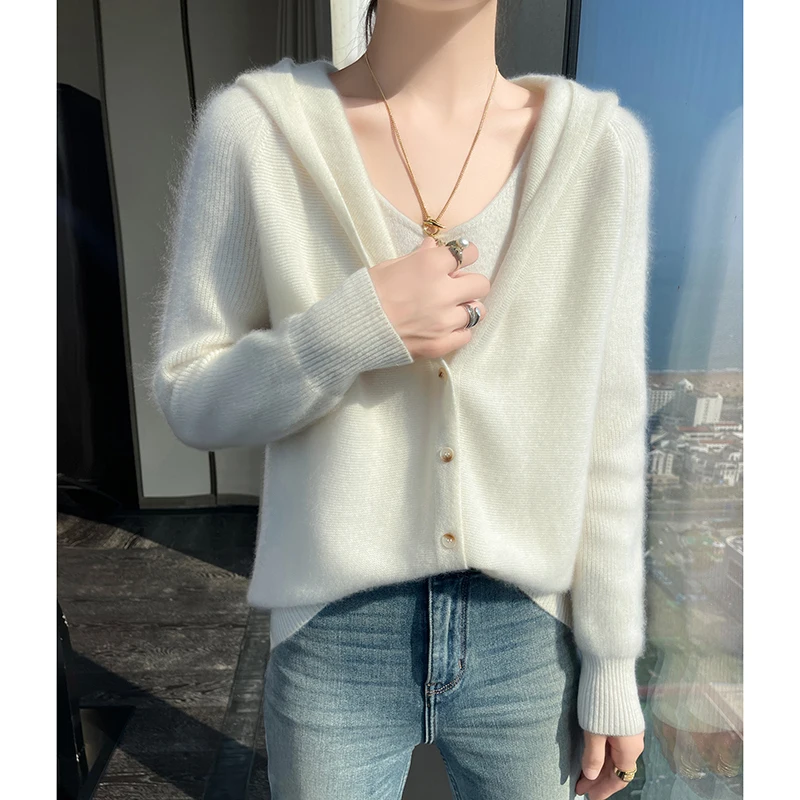 

Новый женский кардиган 2025 года, свитер из 100% кашемира, весенне-летний тонкий вязаный свитер с капюшоном и длинными рукавами, короткое пальто