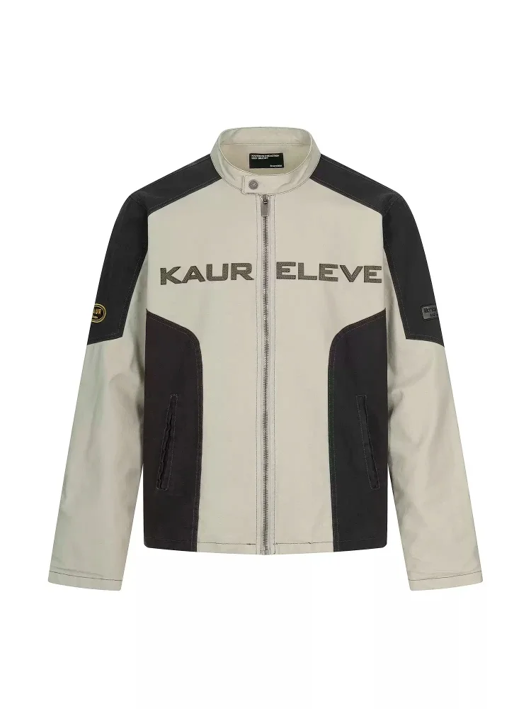 

American Style Retro Design Splicing Contrast Color Stand Collar High Street Handsome Loose Motorcycle Sports Jacket For Man