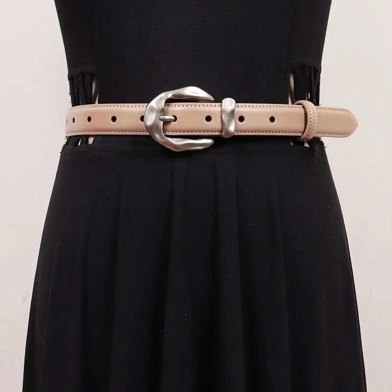 Women's Vintage Buckle Genuine Leather Cummerbunds Female Dress Corsets Waistband Belts Decoration Narrow Belt R2857