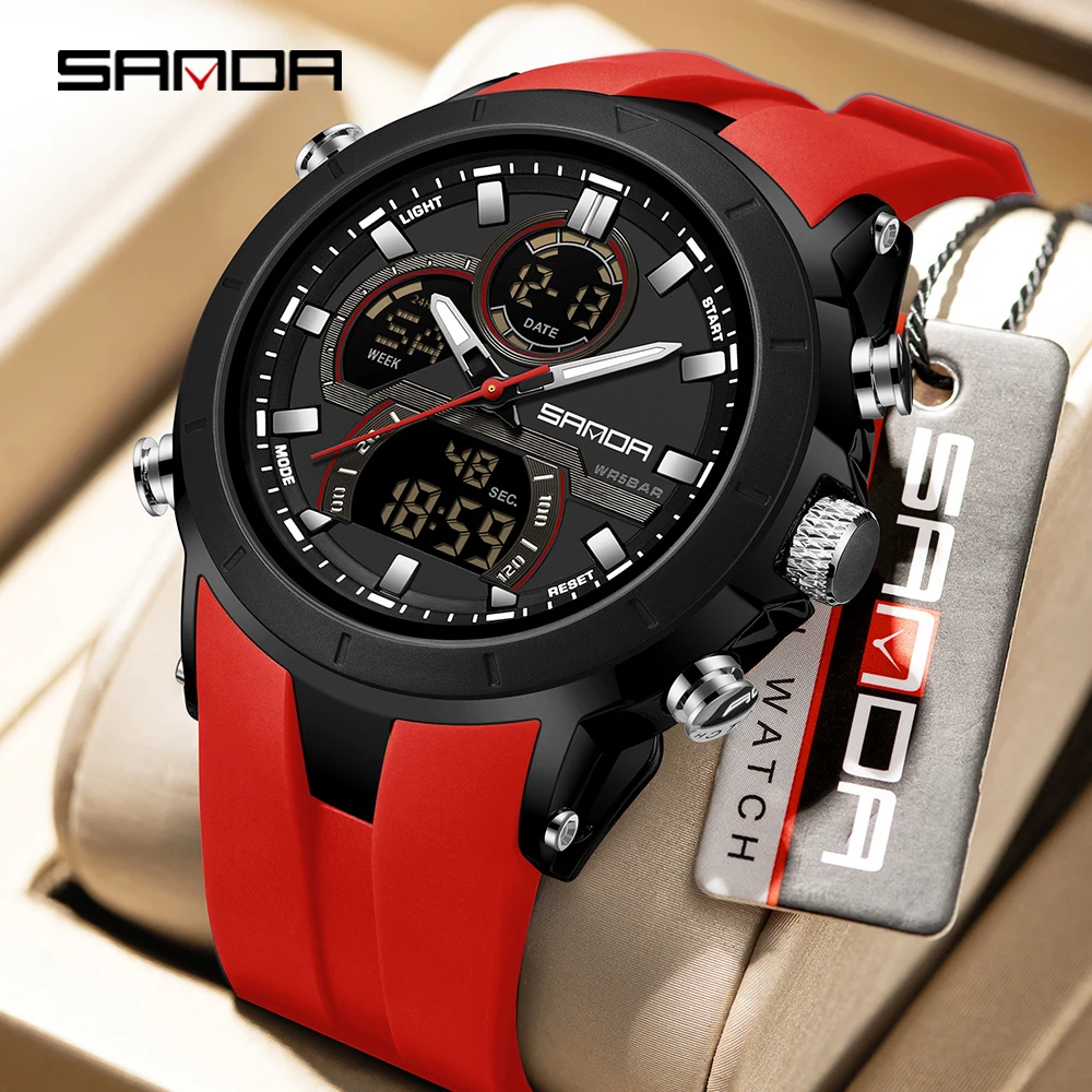 

SANDA Новые 6279, повседневные мужские электронные часы, спортивные многофункциональные водонепроницаемые мужские электронные часы со светодиодной подсветкой и двойным дисплеем