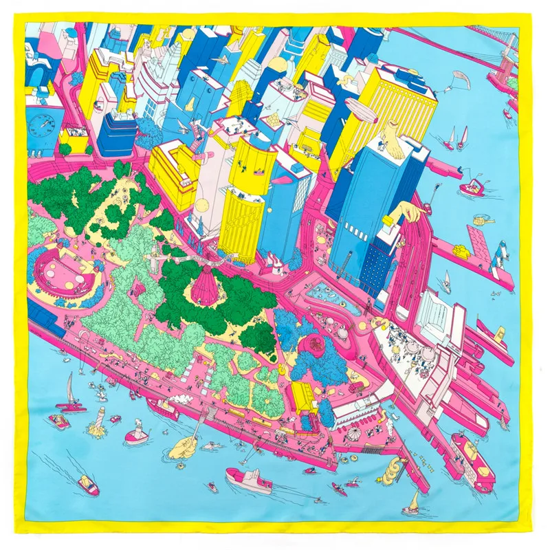 

2023 Manual Hand Rolled Twill Silk Scarf Women Water City Print Square Scarves Echarpes Foulards Femme Wrap Bandana Hijab
