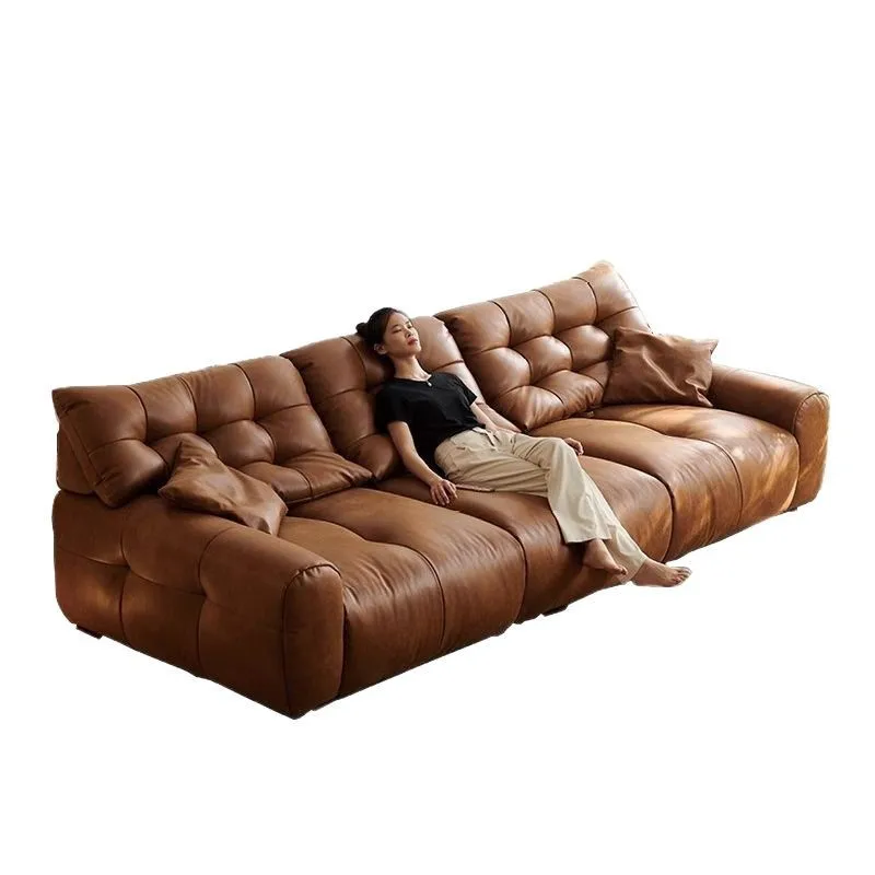 Italian minimalist big black bear sofa straight row oil wax leather caramel color cloud removable backrest big brown bear sofa