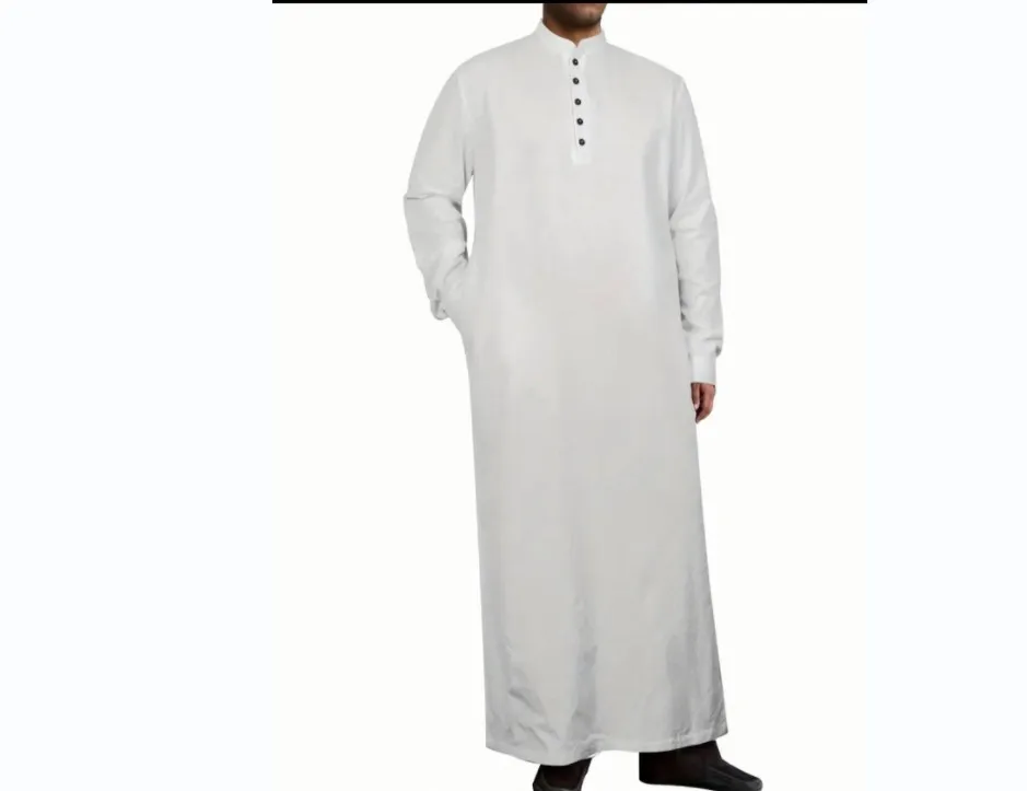 Abito lungo da uomo in stile arabo, Thobe musulmano con colletto rialzato semplice, abbigliamento islamico da uomo in lino di cotone