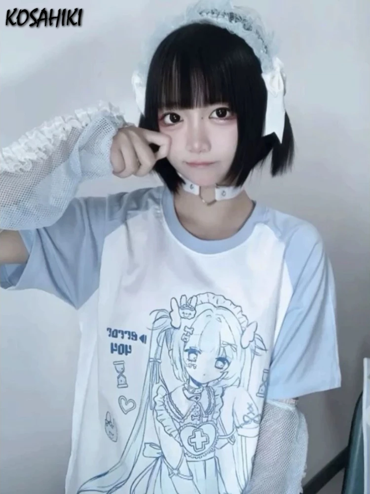 

Summer Japanese Cartoon Printing T-shirts Women Patchwork Harajuku Grunge Tees Y2k Aesthetic Loose Casual Contrast Color Tops