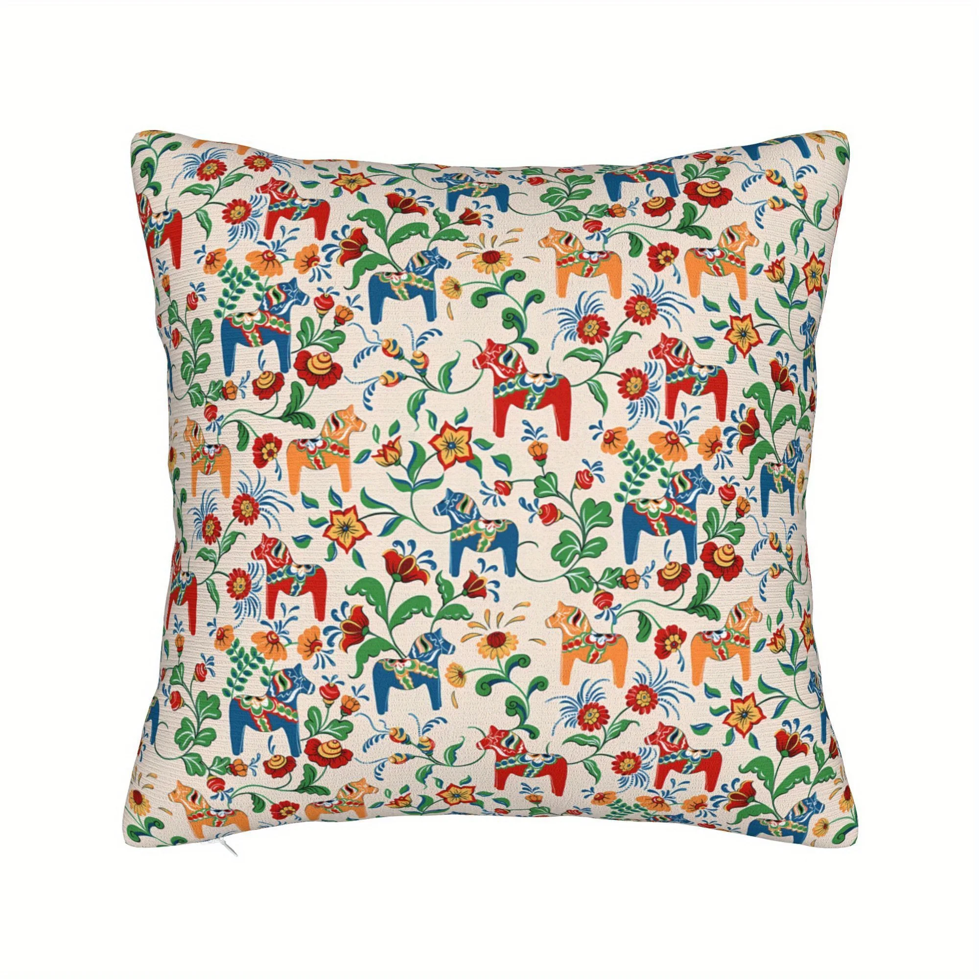 1 Stück Schwedisches Dala-Pferd & Blumenmuster Kissenbezug für Sofa, Gemütliche Wohndekor-Kissenhülle (Kisseneinlage Nicht Enthalten)
