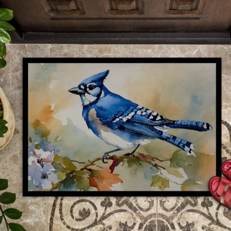 

Vibrant Watercolor Blue Jay Doormat 18H×27W Non-Slip Washable Low Pile Rug for Indoor Outdoor Entryway