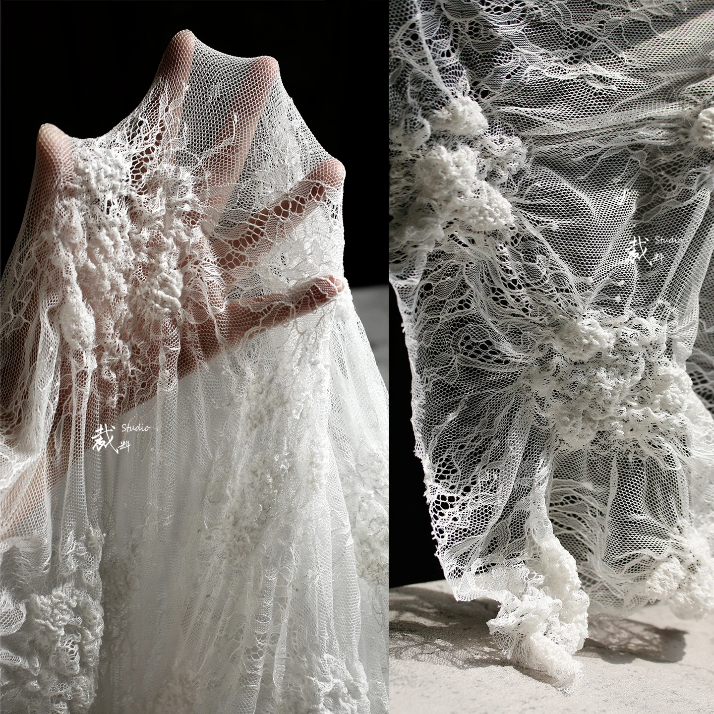 

Wrapped Silk, Three-dimensional Strand Texture Lace Embroidery Pleated Mesh Fabric Reconstruction Elastic Clothing Designer Fabr