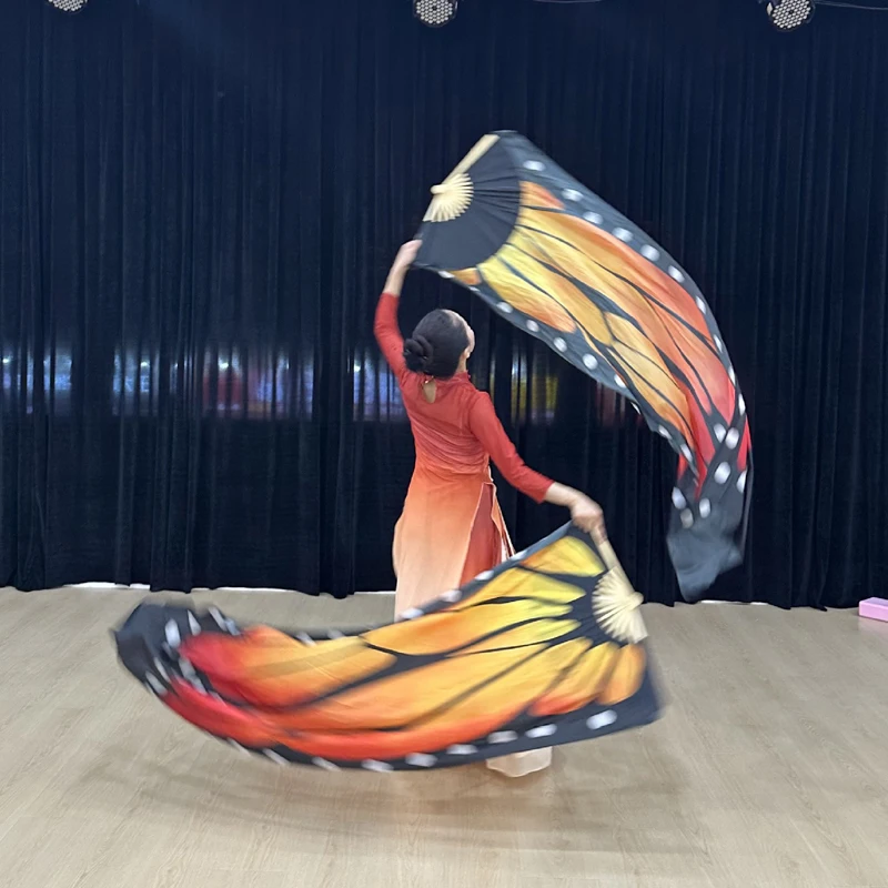 1pc Gradient Print Butterfly Wing Shape Imitation Silk Dance Fan Large Size Performance Prop for Stage Show Party Dance Decor