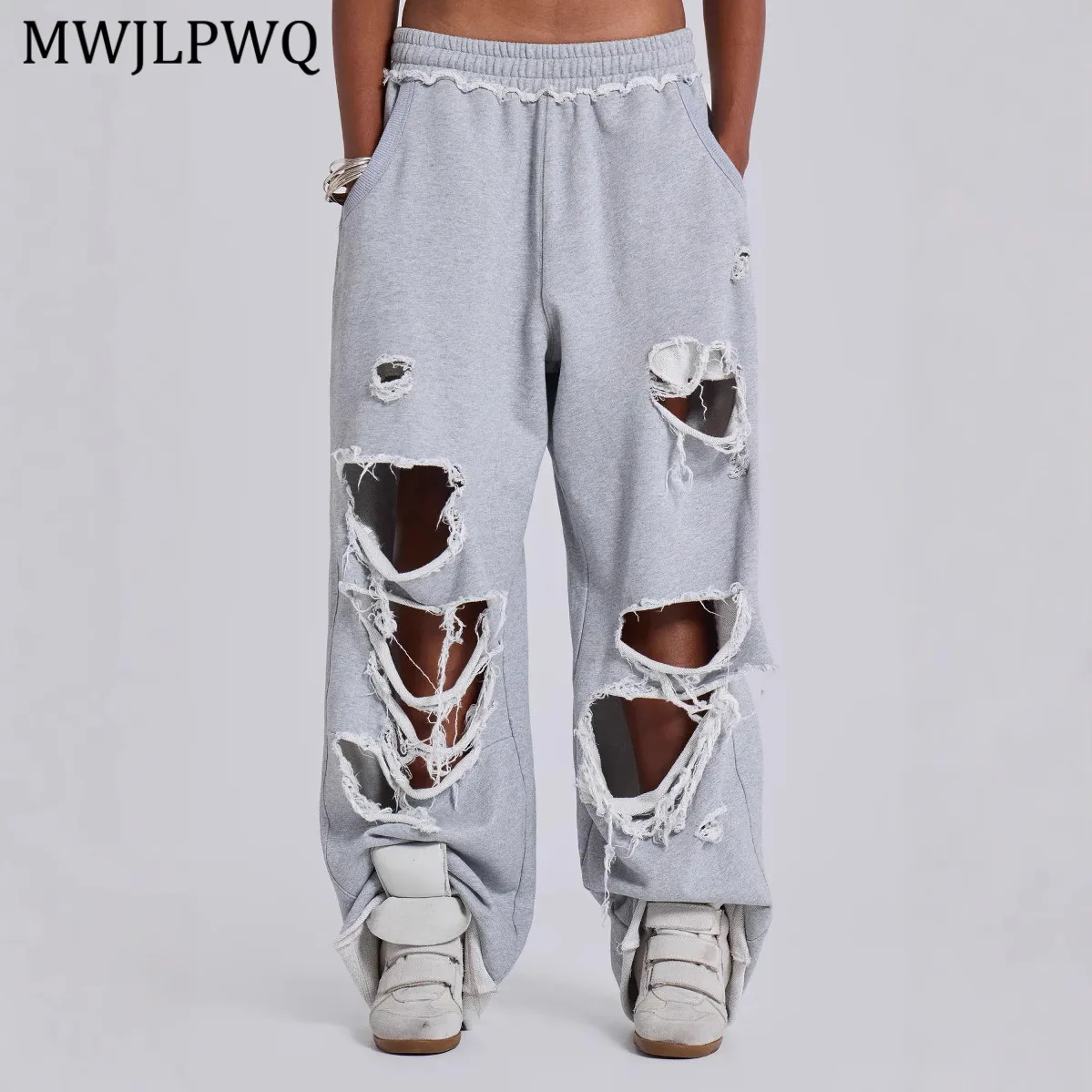 

MWJLPWQ 2025 Модные повседневные брюки в стиле хип-хоп с дырками, потертый дизайн, свободные повседневные спортивные штаны с широкими штанинами в полный рост, 20180