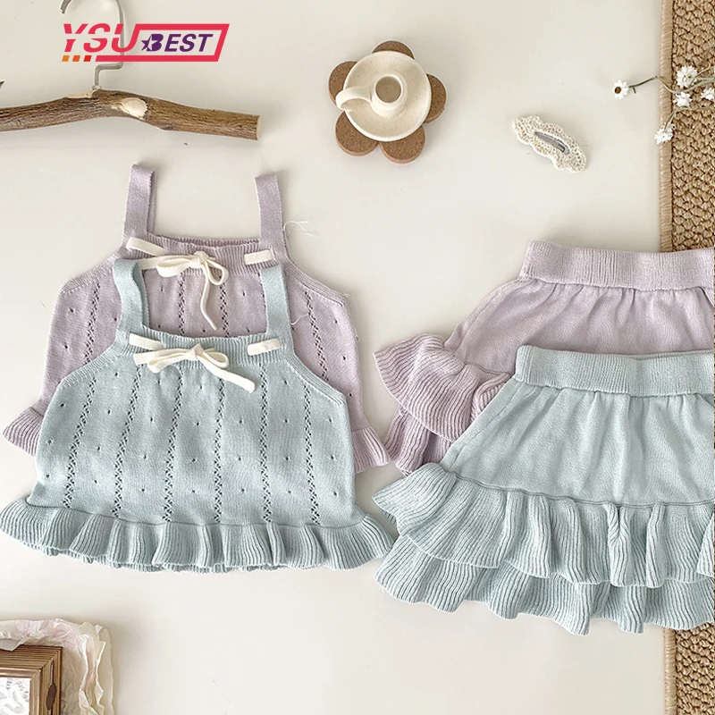 

0-5Yrs Girl's Clothing Sets Summer Korean Thin Knitted Girl Set Children Hollow Breathable Vest + Tutu Cake Skirt Two-piece Suit