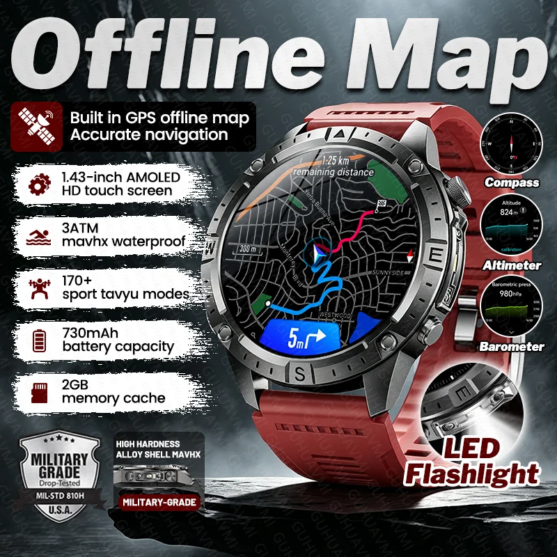 Nouvelle Montre Connectée Militaire 2026 avec GPS Intégré, Cartes Hors Ligne, Écran AMOLED HD, Appel Bluetooth, Boussole, Lampe Torche, Étanchéité 3ATM, Montre Intelligente Sportive pour Hommes