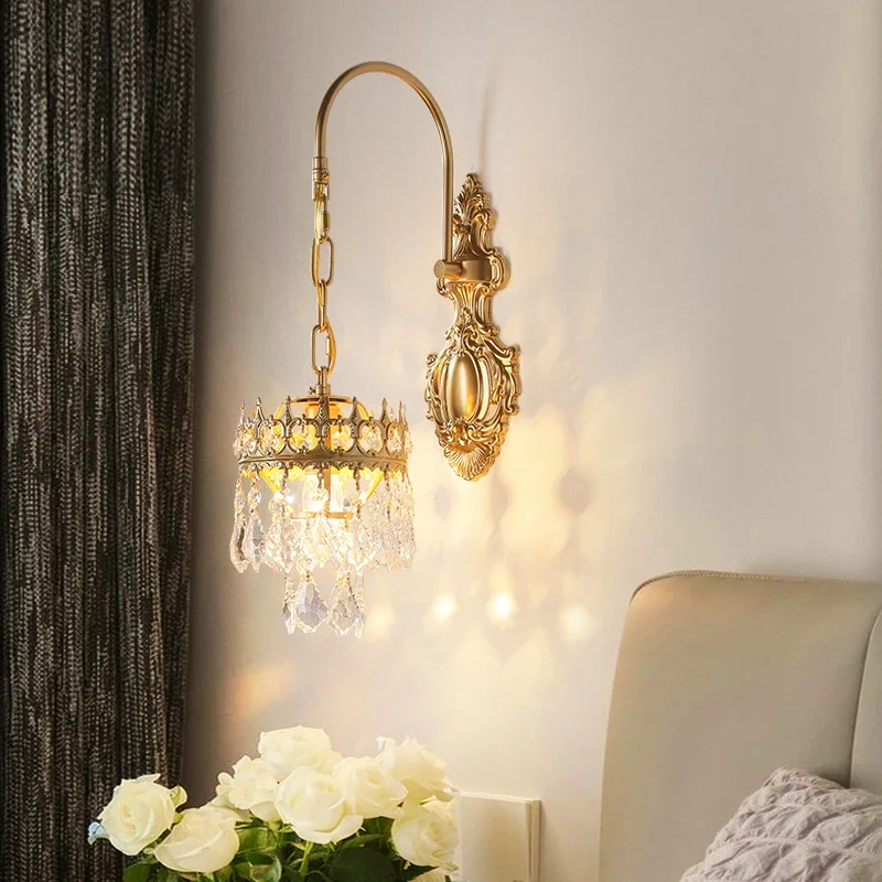 French classical crystal American country wrought iron light luxury bedroom living room aisle corridor room bedside wall lamp