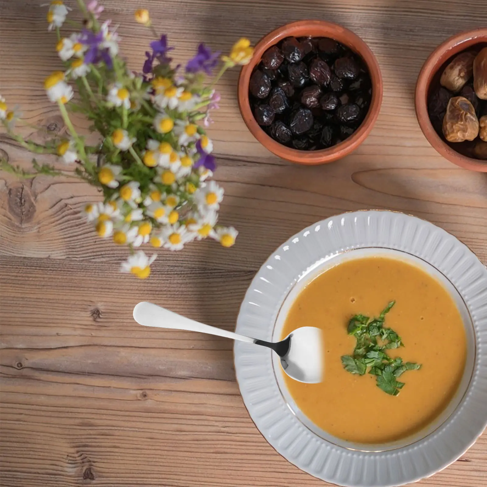 

6Pcs Stainless Steel Long Handle Spoons Deep Hammered Texture Serving Soup Rice Dessert Coffee Tea Kitchen Tableware