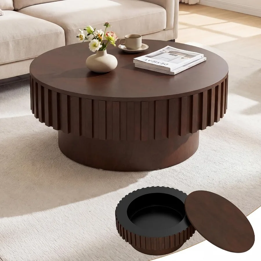 Round Coffee Table with Storage for Living Room, Solid Wood, Natural Finish, Drum Fluted Design and Hidden Compartment