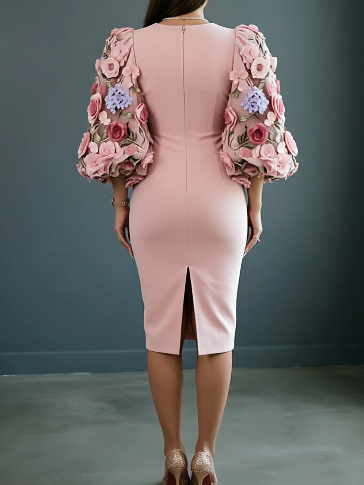 Plus Size Floral Print Lantern Sleeve Evening Dress Women Elegant Crew Neck Bodycon Formal Gown Party Wedding Guest Midi Dresses