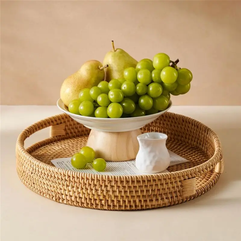 AT84-Rattan Serving Tray 30Cm, Woven Serving Trays With Handles For Home,Round Dining Table Tray,Wicker Serving Basket
