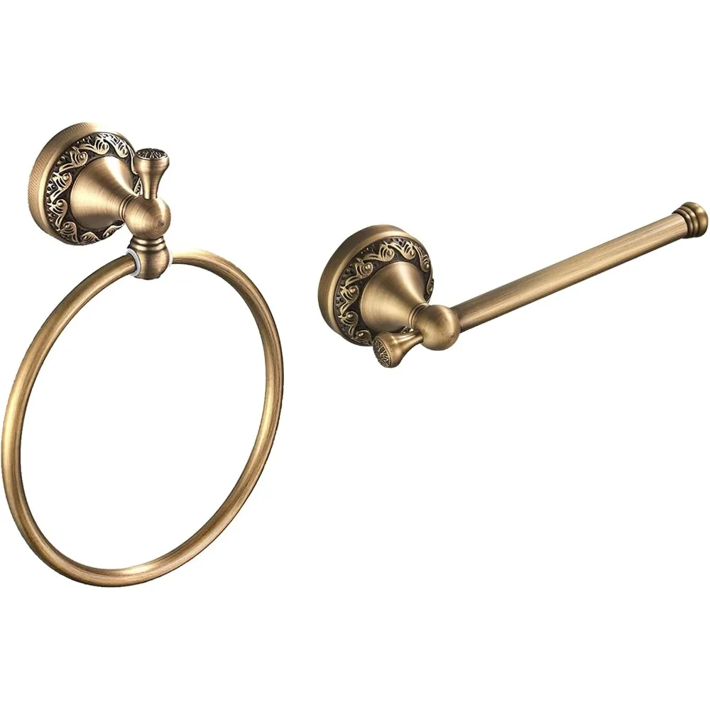 

Vintage Style Brass Toilet Paper Holder and Hand Towel Ring Set, Classic Bathroom Accessories for Wall Mount