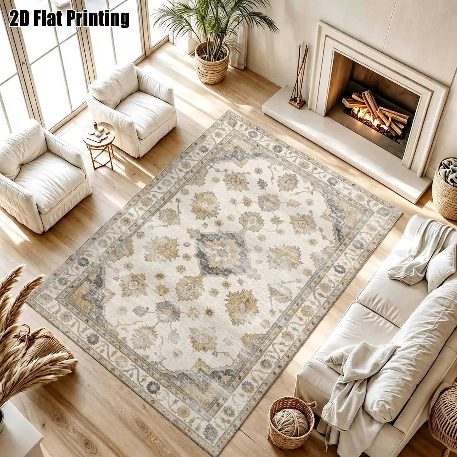 1Pc 2D Printed Retro Floral/Beige Geometric Vintage Carpets, Machine Washable, Multi-Size Home Decor Rugs for Living Room, Bedroom, Dining Room, Entrance, Study