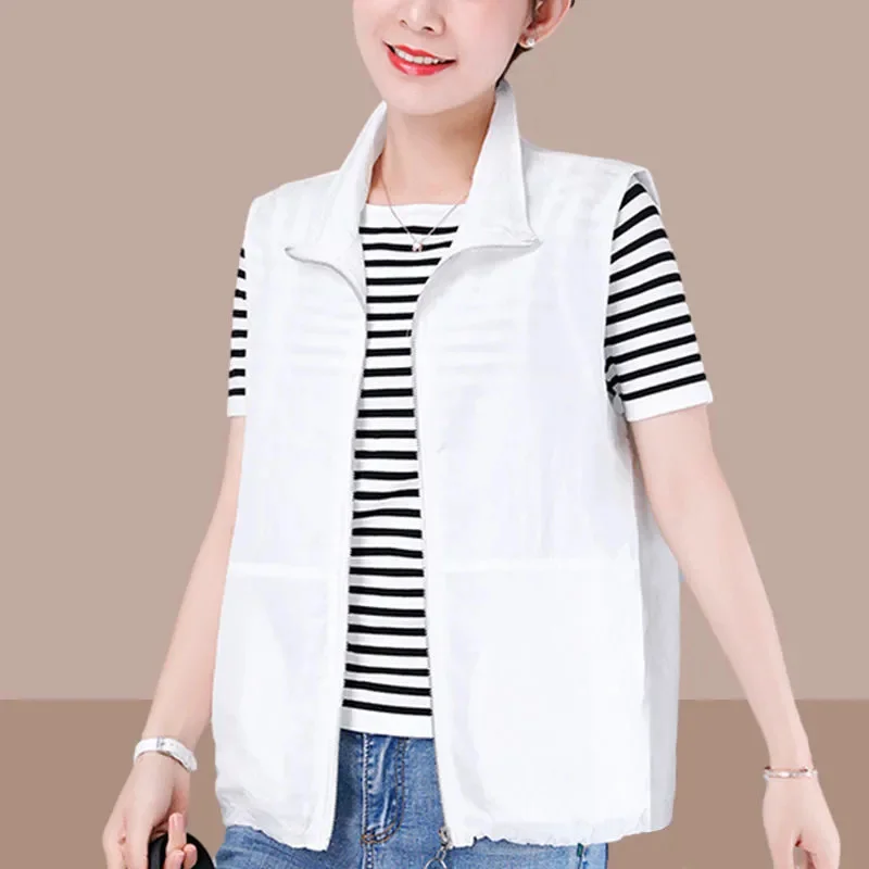 Spring Summer Thin White Vest Women Plus Size Casual Basic Sleeveless Jacket Cardigan Basic Turndown Collar Zipper Waistcoat