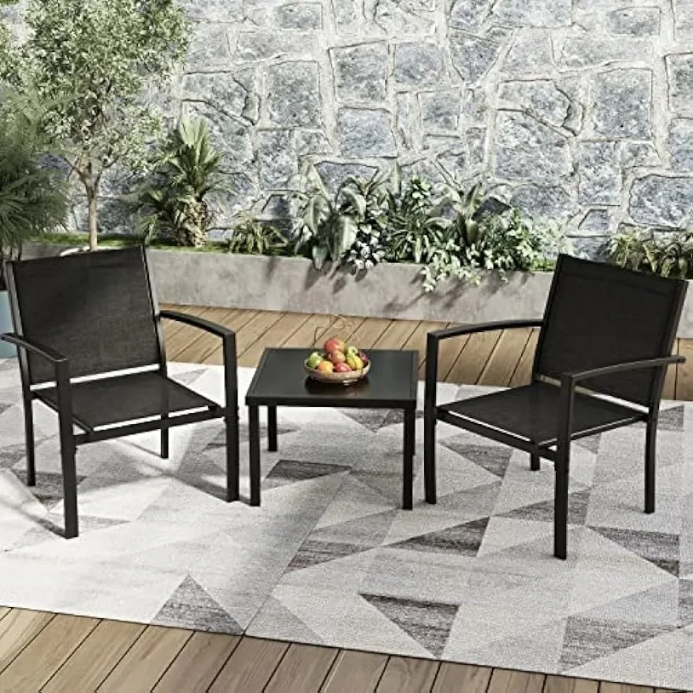 3-piece Patio Furniture Set Outdoor Textilene Fabric Chair with Glass Coffee Table, Black22.5 x 24 x 30 inches  patio furniture