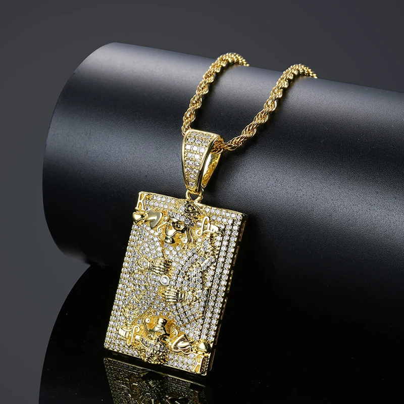 Hip Hop AAA CZ Stone Paved Bling Iced Out Poker Skull Spades K Square Pendants Necklace for Men Rapper Jewelry Gold Silver Color