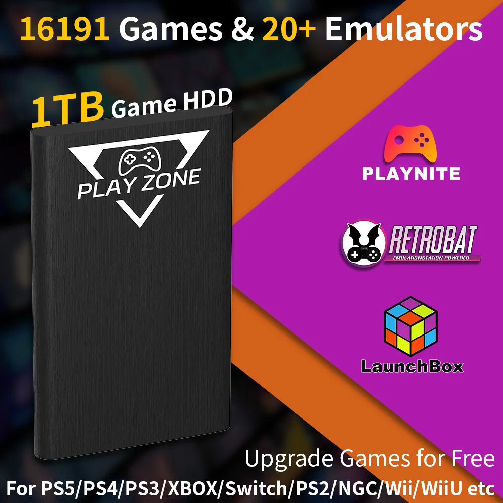 Play Zone 1TB Portable Gaming HDD for PS5/PS4/XBOX/PS3/Switch/PS2 80+Emulators Retro Game Console with 16191 Games for Wins PC