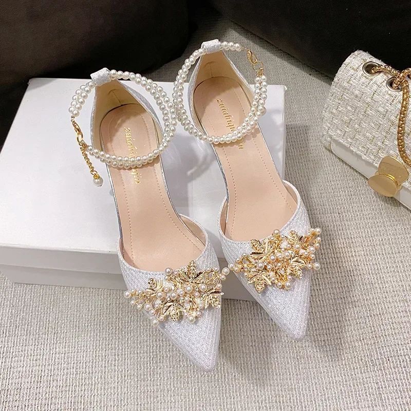 Ladies Shoes on Sale  Fashion Pointed Metal Beaded Solid Women's High Heels Summer Leisure Banquet Women Wedding Pump 2024