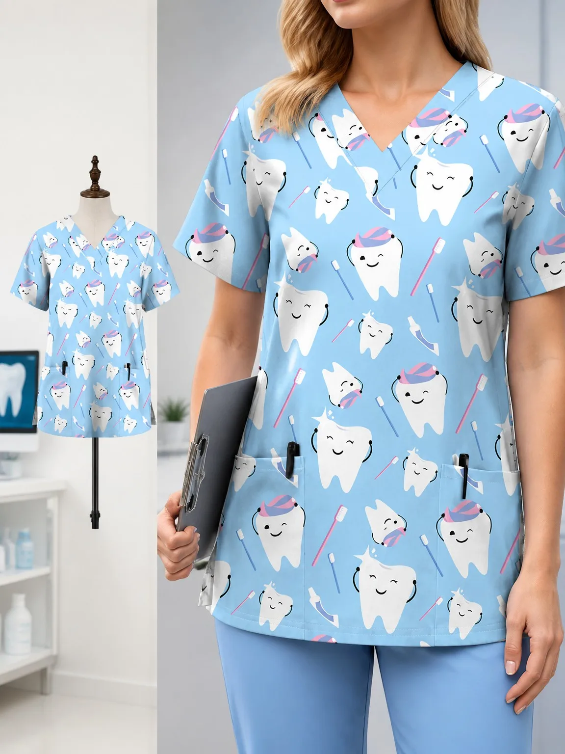 New Summer Women's Hospital Clinic Dental Pet Shop Care Uniform T-Shirt V-Neck Short Sleeve Frosted Top with Printed Design