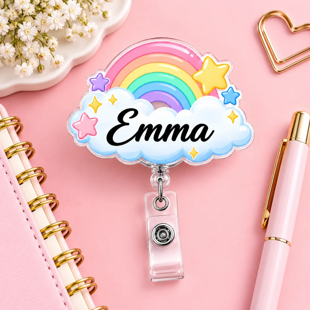1pc Custom Name Badge Reel Personalized Acrylic ID Badge Holder Rainbow Nurse Teacher Retractable Badge Clip for School Office