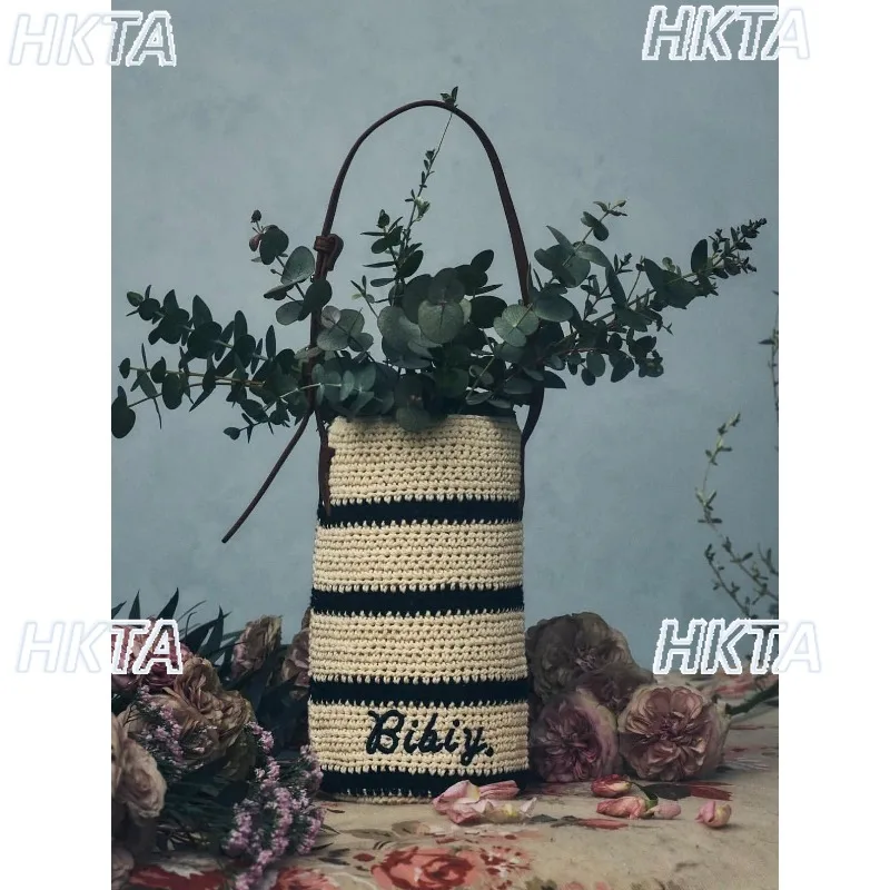 Japanese Alphabet Embroidered Woven Bucket Bag Fashion Simple Striped Knitted Bag Crossbody Shoulder Bag Lightweight Handbag