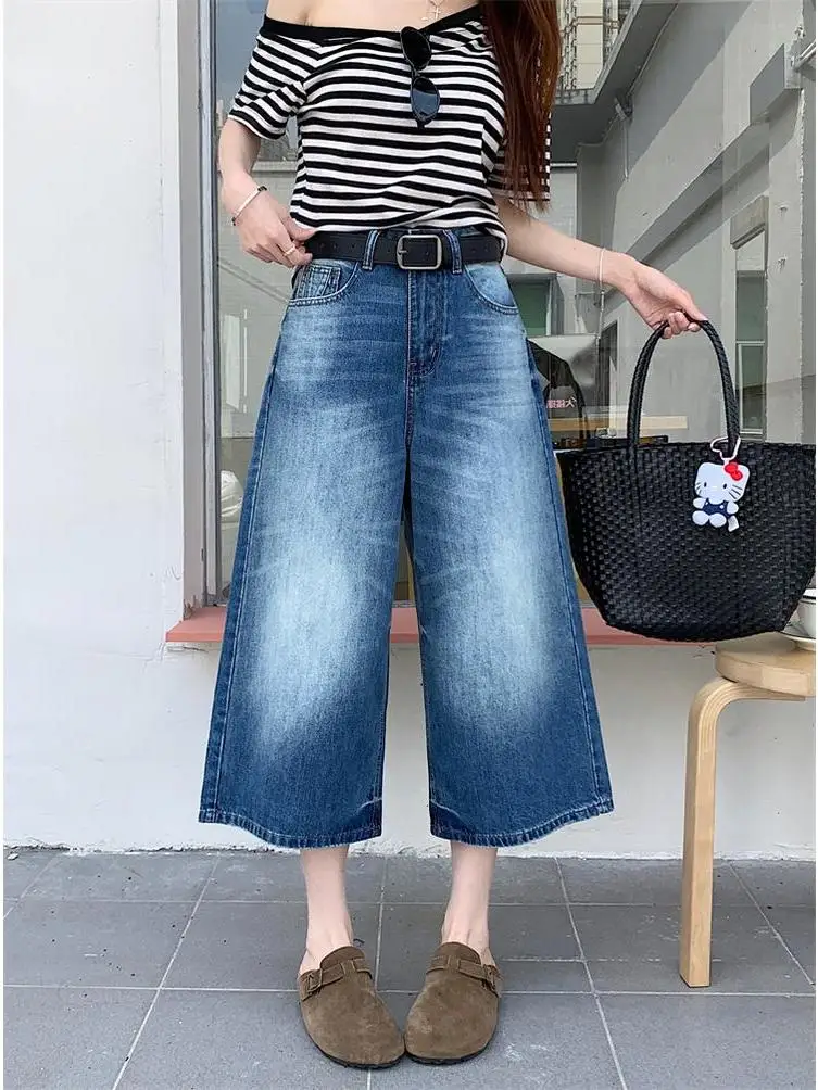 

Retro Washed Loose Wide Leg Jeans High Waist Straight Cut Summer New Style Women's Denim Pants Comfortable Breathable Blue