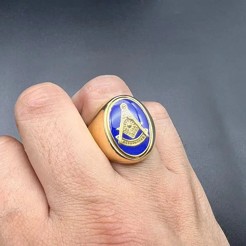 ULJ Vintage Gold Blue Color Side for Men\'s Jewelry Freemason Symbol G Templar Freemasonry Male Stainless Steel Rings