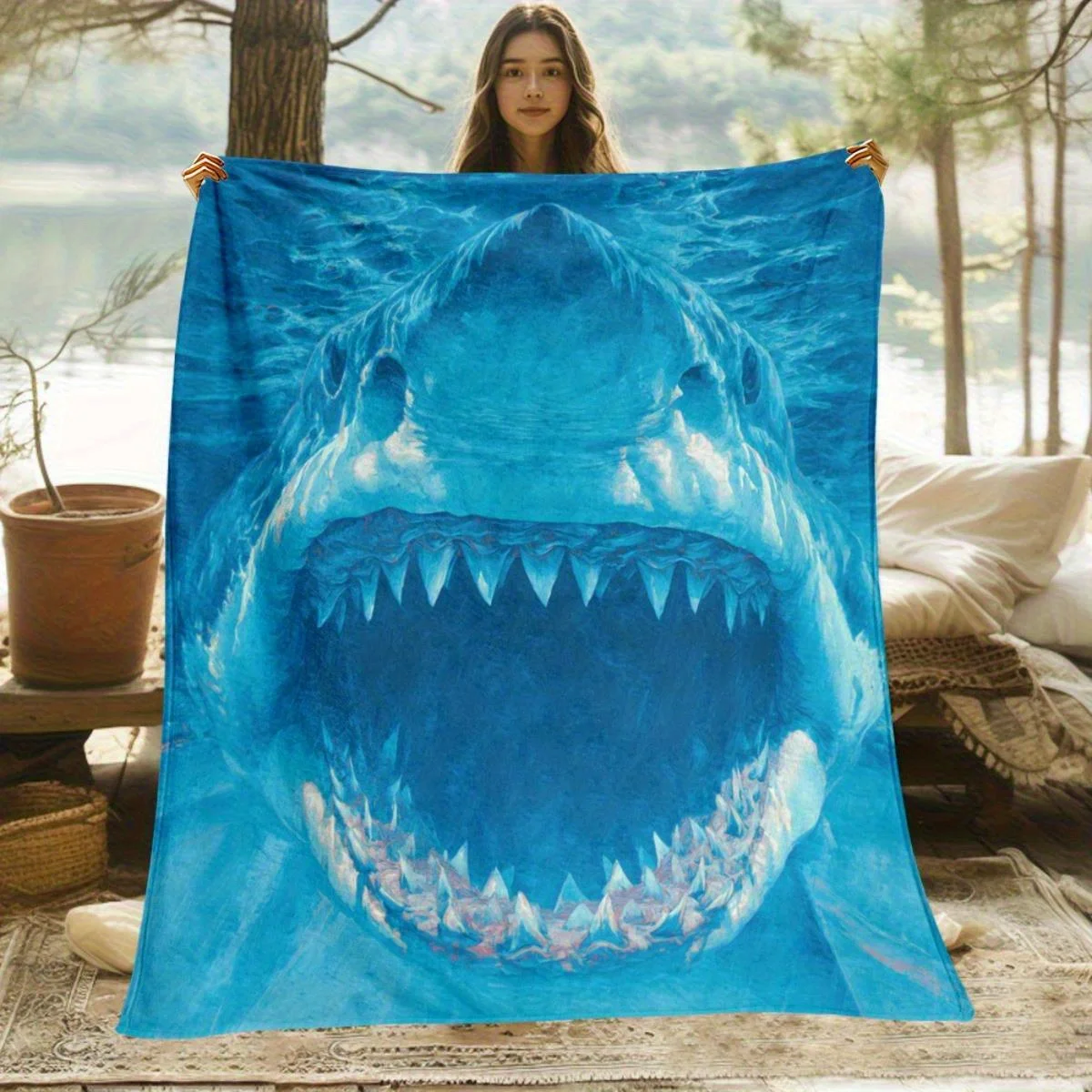 Ultimate Blue Shark Ocean Creature Print Throw Blanket Cozy Fleece Plush Nautical Coastal Decor Beach Sea Monster Throw Wrap